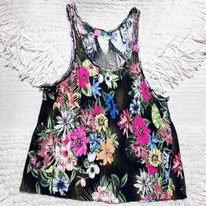 FARM RIO black floral scoopneck tank top L
